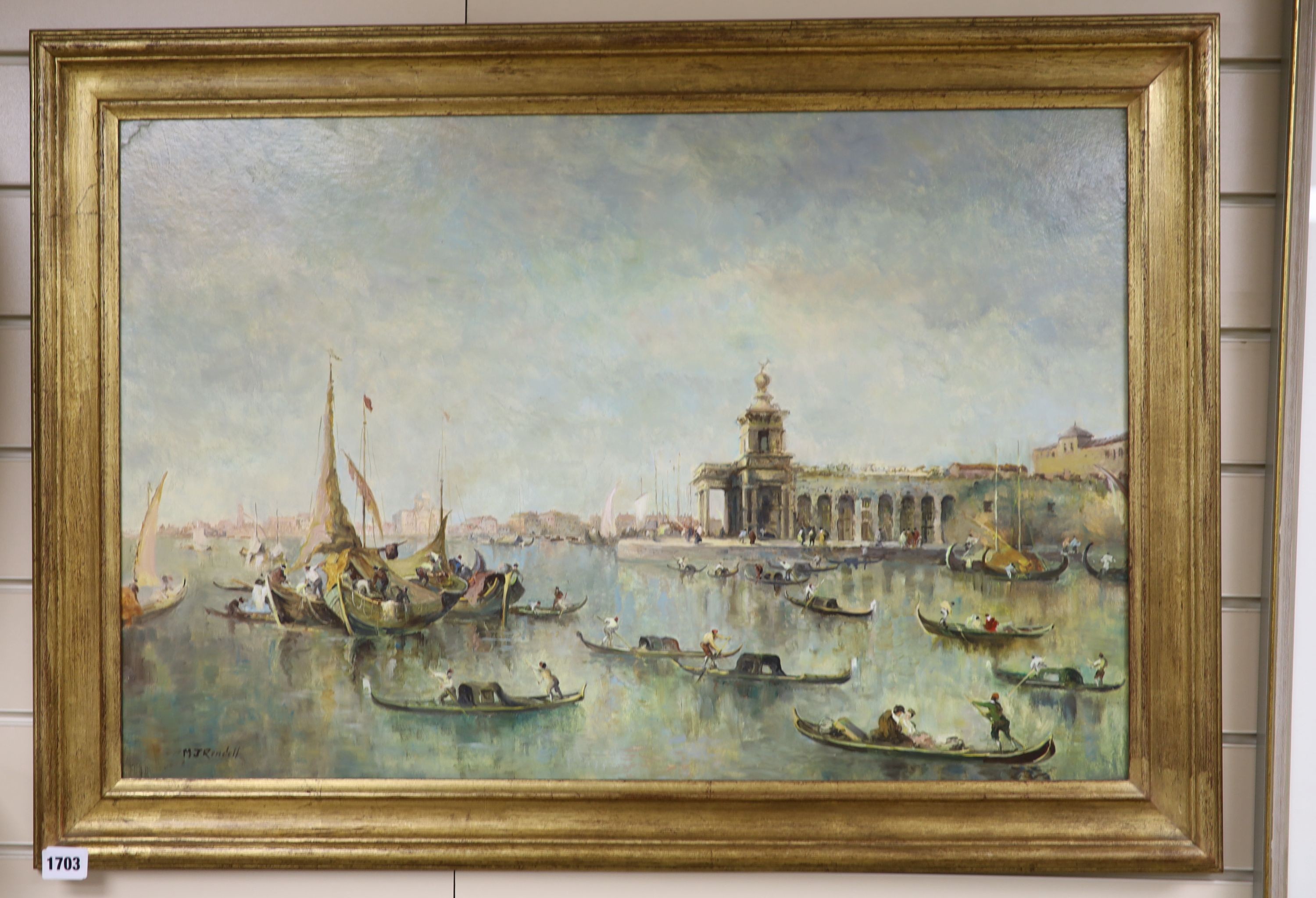 M.J. Rendell after Guardi, oil, View of Venice, signed, 50 x 75cm